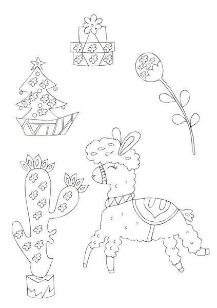 Ilustração Desenho Tinta Preta Animal Alpaca Entre Flores Fábricas Contexto — Fotografia de Stock