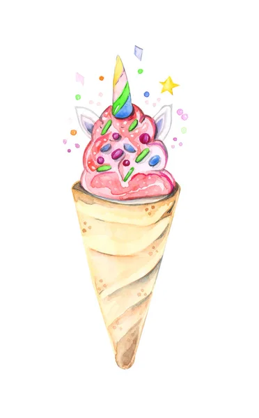 Иллюстрация Нарисована Акварелью Мороженого Вафельной Чашке Белом Изолированном Фоне — стоковое фото