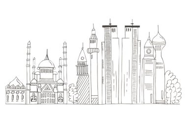 Beyaz izole arka plan üzerinde siluet şehirlerin siyah kontur çizim çizim çizim çizim.