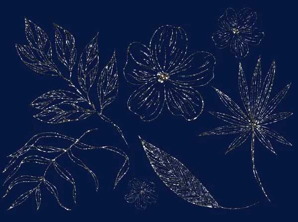 以银色绘制的插图素描 在隔离的图层上绘制异国情调的植物的轮廓叶子作为一组 — 图库照片