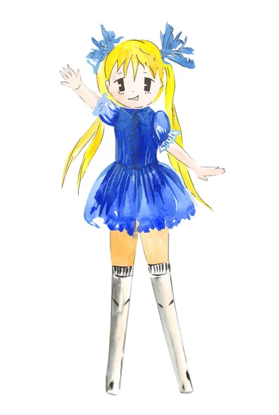 Ilustracja Kolor Rysunek Akwarela Dziewczyna Manga Ubraniach Białym Tle Białym — Zdjęcie stockowe