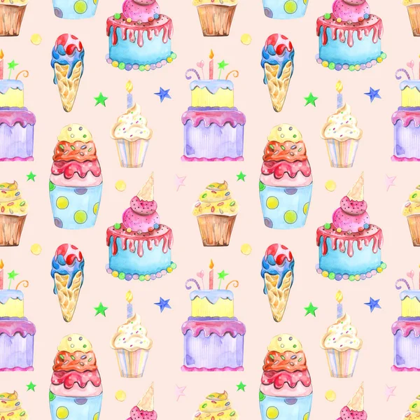 Illustration Nahtlose Muster Von Aquarell Süßwaren Gezeichnet Kuchen Muffins Makronen — Stockfoto