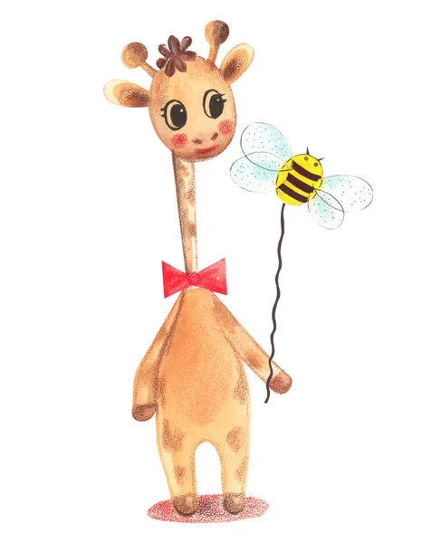 Ilustracja Koloru Akwarela Charakter Zwierząt Żyrafa Stoi Trzyma Pszczoła Sznurka — Zdjęcie stockowe