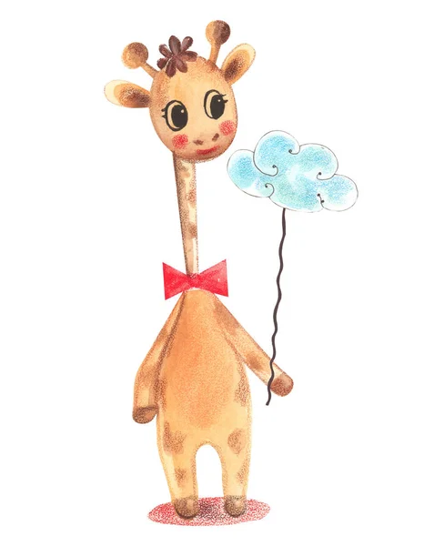 Ilustracja Kolorowe Akwarela Charakter Zwierząt Żyrafa Stoi Trzyma Chmurę Sznurka — Zdjęcie stockowe