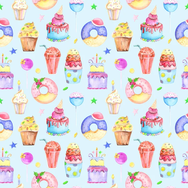 Illustration Seamless Pattern Drawn Watercolor Confectionery Cakes Muffins Macaroons Background — Stock Photo, Image