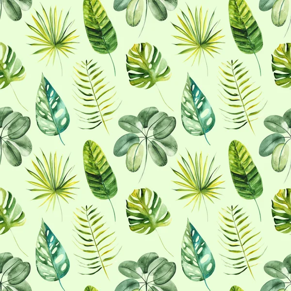 Illustration Seamless Pattern Drawn Watercolor Exotic Tropical Green Leaves Background — Stock Photo, Image