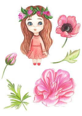 İzole edilmiş beyaz bir arkaplanda çiçek motifli prenseslerin suluboya resimleri..