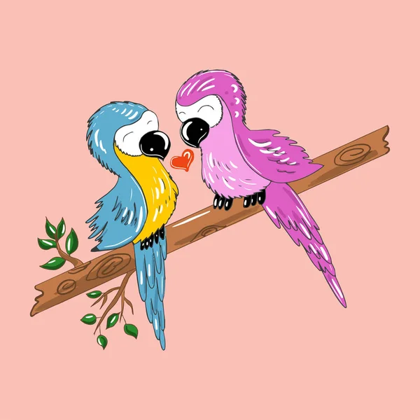 Warna Vektor Ilustrasi Burung Beo Pada Cabang Untuk Hari Valentine - Stok Vektor