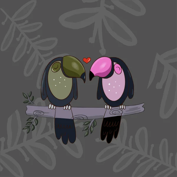 Color Vector Illustration Toucan Birds Branch Valentine Day — 스톡 벡터