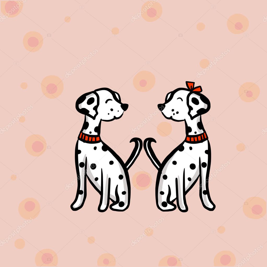 Color vector illustration animals dogs dolmatins for Valentine day.