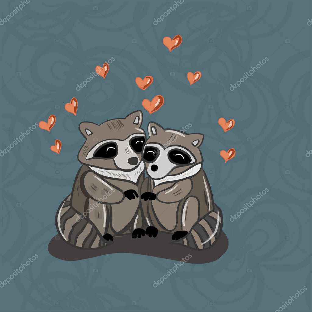 Color vector illustration of animal raccoons for Valentine day.