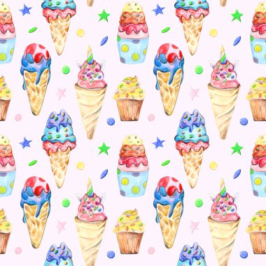 Suluboya şekerlemetarafından çizilen illüstrasyon dikişsiz desen: kek, kekler, arka planda macaroons.