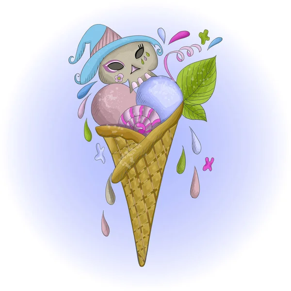 Vector Illustration Ice Cream Dessert Waffle Cup Form Skull Element — 스톡 벡터