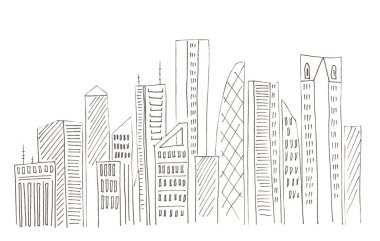 Beyaz izole arka plan üzerinde siluet şehirlerin siyah kontur çizim çizim çizim çizim.