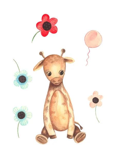 Ilustración Color Acuarela Carácter Animal Jirafa Sentado Entre Flores Sobre — Foto de Stock