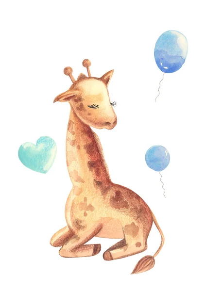 Illustrazione Colorato Acquerello Personaggio Animale Giraffa Seduta Tra Nuvole Blu — Foto Stock