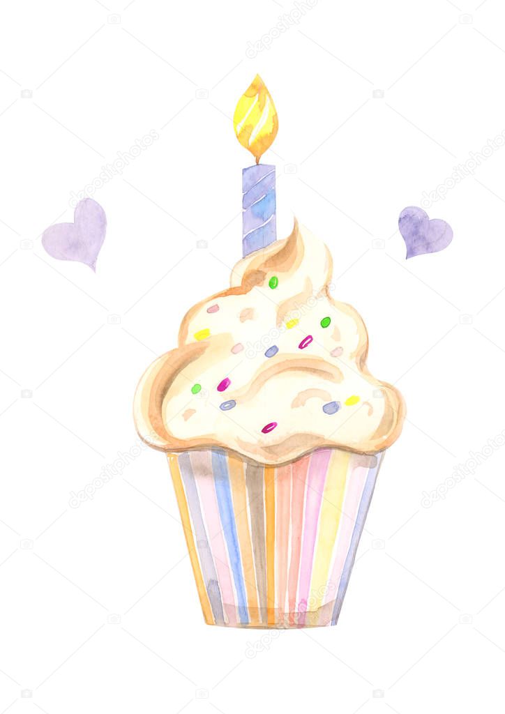 Illustration drawn by watercolor pastry cake in a basket with cream and a candle on a white isolated background