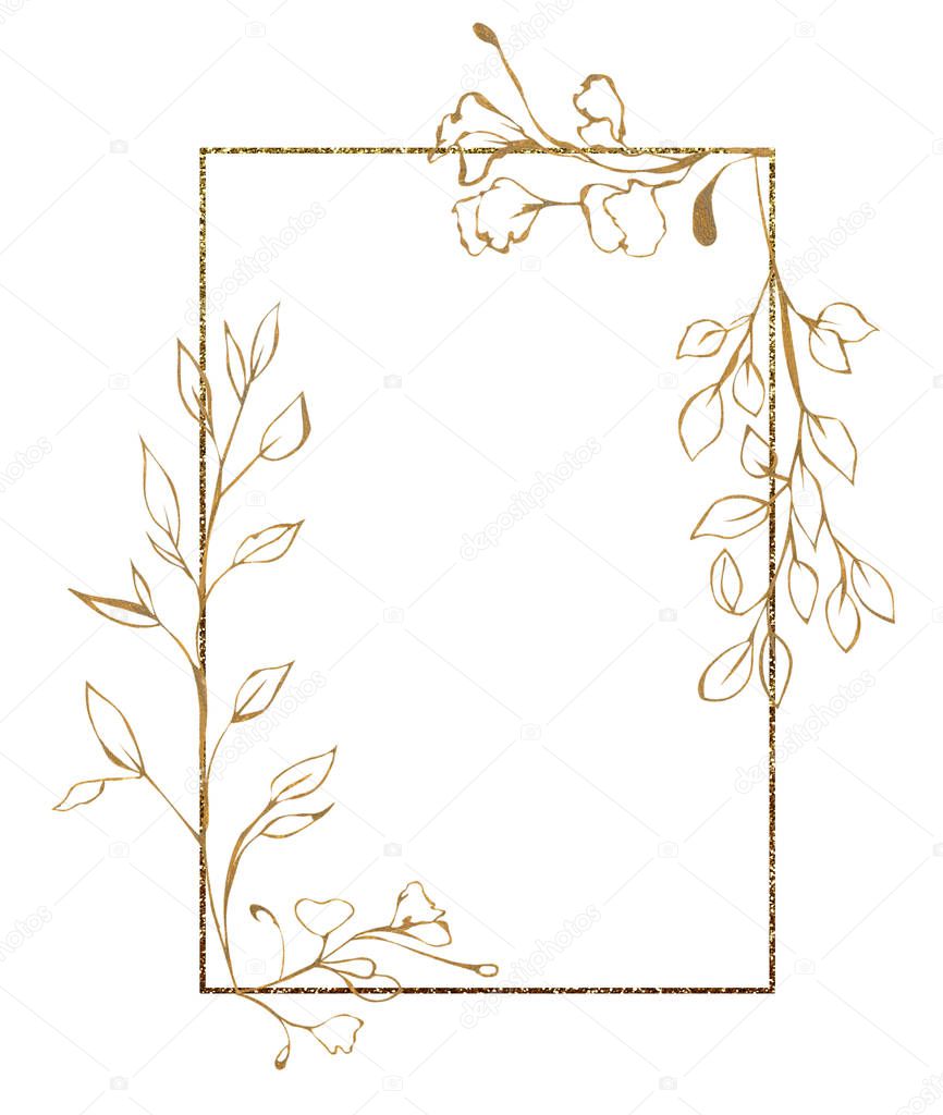 Illustration of a plant branch in the form of a colored floral frame of leaves, rectangular shape on an isolated white background