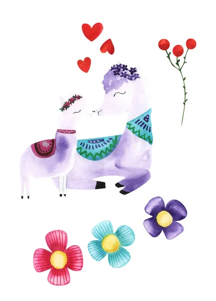 ภาพวาดของภาพวาดส Alpaca ามกลางดอกไม และพ ชบนพ นหล โดดเด — ภาพถ่ายสต็อก