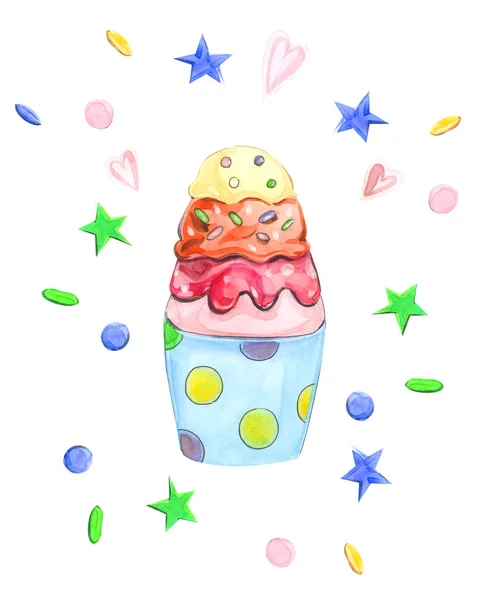 白い孤立した背景にクリームとキャンドルとバスケットに水彩ペストリーケーキによって描かれたイラスト — ストック写真