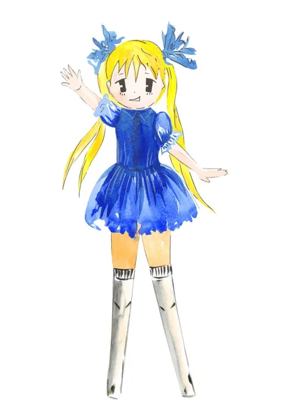 Illustration Farbzeichnung Von Aquarell Manga Mädchen Kleidung Auf Einem Weißen — Stockfoto