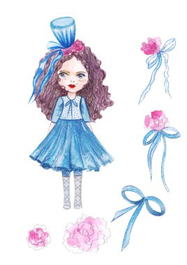 Resimde küçük bir prensesin muhteşem bir elbise giydiği ve kafasında bir şapka veya taç olan izole beyaz bir arka plan çizimi var.