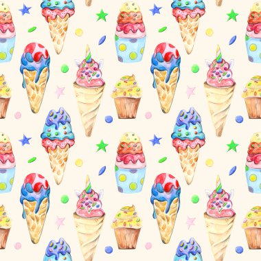 Suluboya şekerlemetarafından çizilen illüstrasyon dikişsiz desen: kek, kekler, arka planda macaroons.