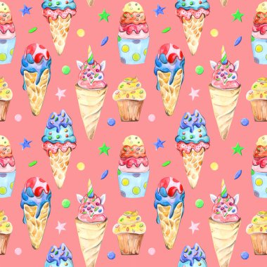 Suluboya şekerlemetarafından çizilen illüstrasyon dikişsiz desen: kek, kekler, arka planda macaroons.