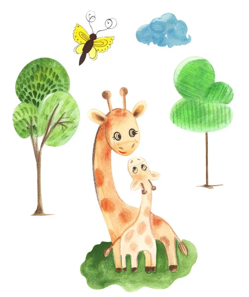 白い孤立した背景にヤシの木の間で一緒に色水彩動物キャラクターキリンママと息子のイラスト — ストック写真