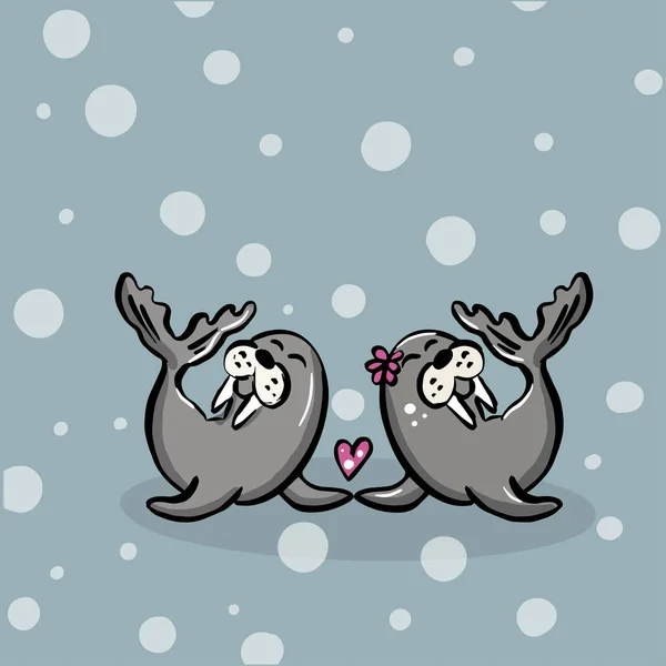 Valentines Day Card Template Cute Walruses Simple Vector Illustration - Stok Vektor