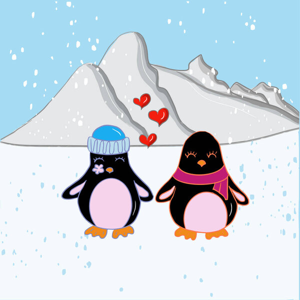 Valentines day card template with cute penguins, simple vector illustration