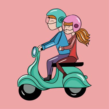 Sevgililer Günü kartı şablonu, scooter kullanan çift, basit vektör çizimi