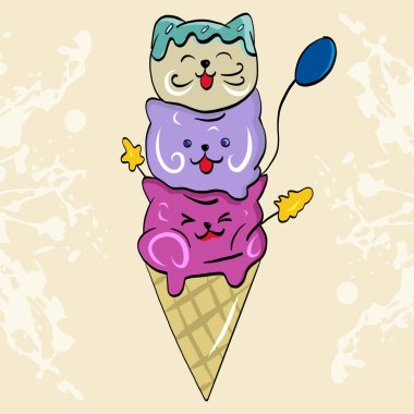 Üç kedi yavrusu şeklinde waffle bardağındaki dondurma tatlısının vektör çizimi