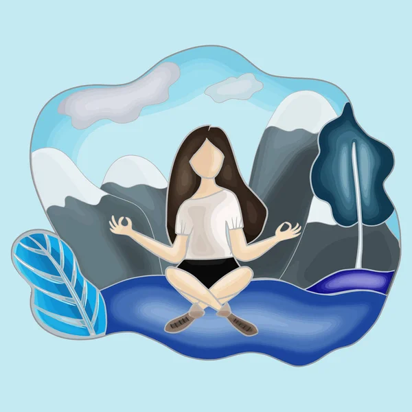 Vektor Színes Illusztráció Portréja Egy Lány Haját Ülés Meditál Háttérben — Stock Vector