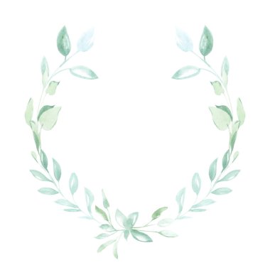 Yeşil bitkilerin ve yaprakların dekoratif öğelerini izole beyaz bir arka plan üzerinde çerçeve şeklinde çizerek suluboya çizim İllüstrasyon.