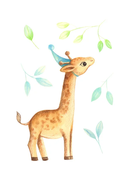 Illustration Colorful Watercolor Animal Character Giraffe Standing Green Leaves White — Stock Photo, Image