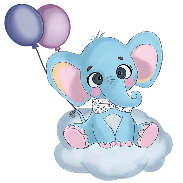 Digital Illustration Animal Blue Elephant Sitting Cloud Balloons Isolated White — Stock Photo, Image