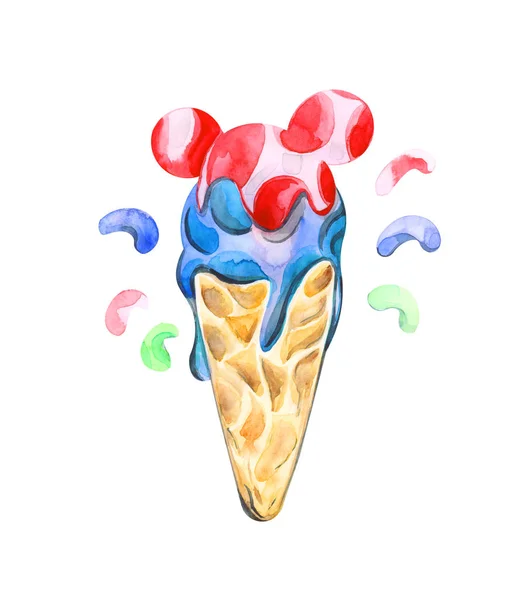 Иллюстрация Нарисована Акварелью Мороженого Вафельной Чашке Белом Изолированном Фоне — стоковое фото