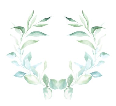 Yeşil bitkilerin ve yaprakların dekoratif öğelerini izole beyaz bir arka plan üzerinde çerçeve şeklinde çizerek suluboya çizim İllüstrasyon.