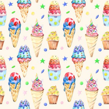 Suluboya şekerlemetarafından çizilen illüstrasyon dikişsiz desen: kek, kekler, arka planda macaroons.