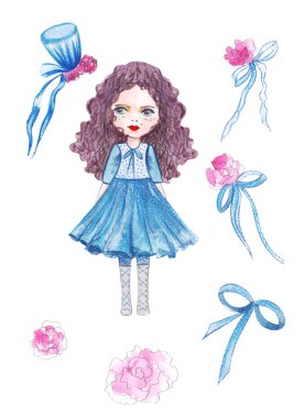 Resimde küçük bir prensesin muhteşem bir elbise giydiği ve kafasında bir şapka veya taç olan izole beyaz bir arka plan çizimi var.