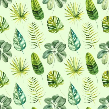Resimde dikişsiz desen arka planda suluboya egzotik tropikal yeşil yaprakları tarafından çizilmiş.
