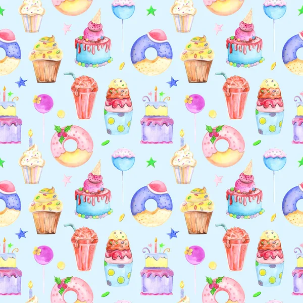 Illustration Seamless Pattern Drawn Watercolor Confectionery Cakes Muffins Macaroons Background — Stock Photo, Image