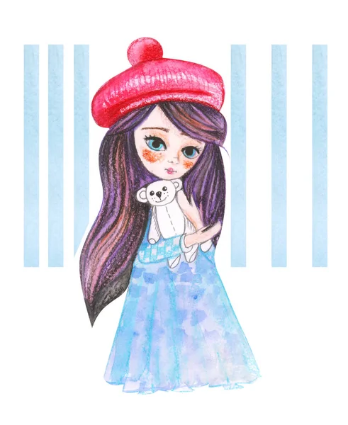 Ilustracja Akwarela Rysunek Mała Księżniczka Niebieskiej Sukience Czerwony Beret Odizolowanym — Zdjęcie stockowe