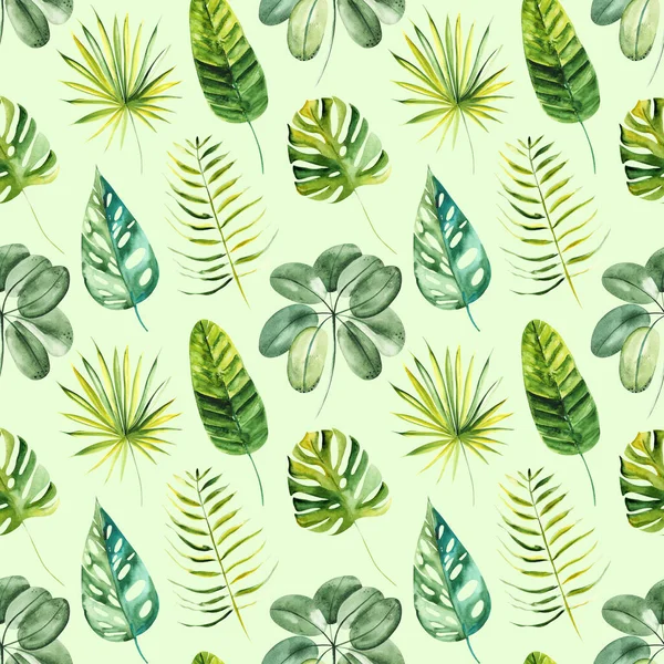 Illustratie Naadloze Patroon Getekend Door Aquarel Exotische Tropische Groene Bladeren — Stockfoto