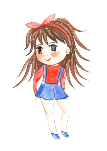 Illustration Dessin Couleur Fille Manga Aquarelle Dans Les Vêtements Sur — Photo