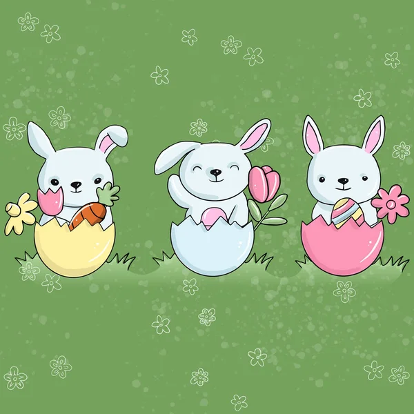 Векторная пасхальная иллюстрация трех кроликов с яйцами на лугу на заднем плане с цветами — стоковый вектор