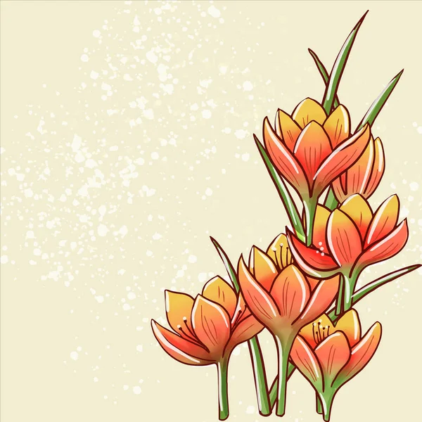 Vektorové ilustrace abstrakce oranžových květů krokusy s listy na žlutém pozadí s tahy štětcem — Stockový vektor