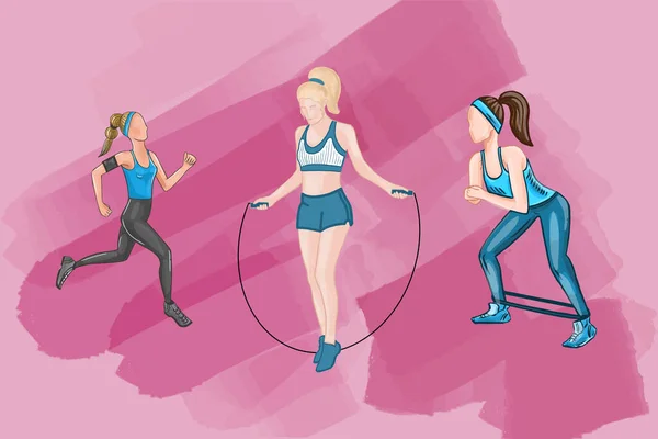 Illustration vectorielle de filles de fitness effectuant des exercices sportifs sur un fond rose imitant des coups de peinture — Image vectorielle