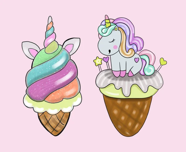 Ilustración vectorial de helado en el estilo de unicornios azul-rosados sobre un fondo rosa claro — Archivo Imágenes Vectoriales